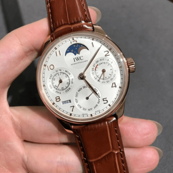 REPLICA IWC PORTUGIESER MOON WATCH 42MM Brown Strap White Dial - Image 2